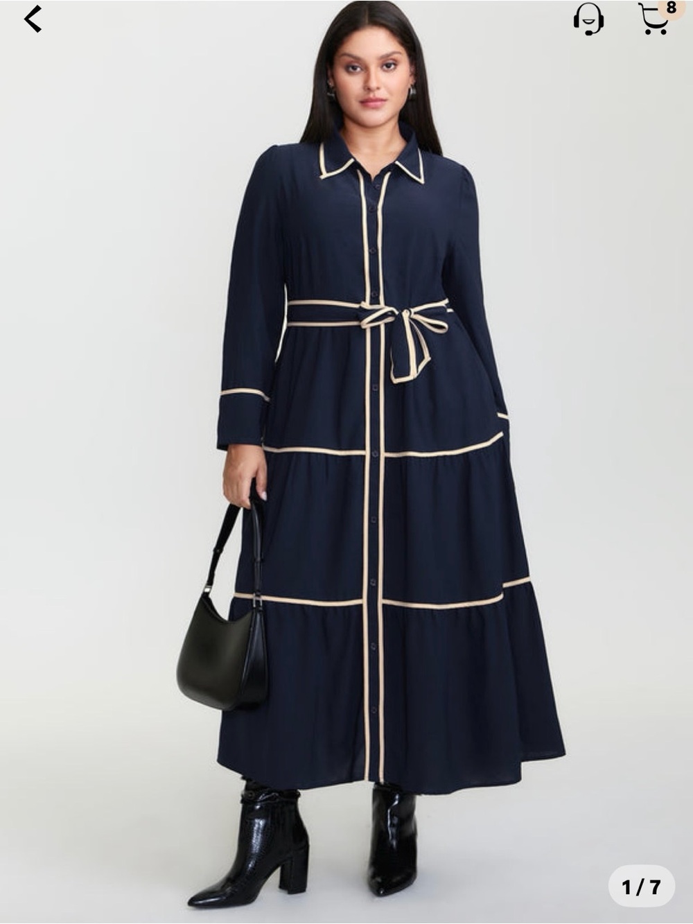 BloomChic Indigo Maxi Shirt Dress with Cream Contrast Piping